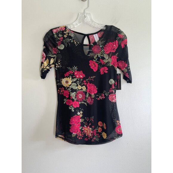 No Boundaries Mesh Rose Print Blouse Juniors XS-1 Black/Red Y2K - Picture 1 of 7